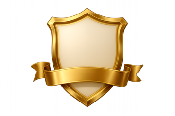 Luxurious golden shield or crest emblem with a blank ribbon banner perfect for security quality assurance or heraldry concepts isolated on transparent background