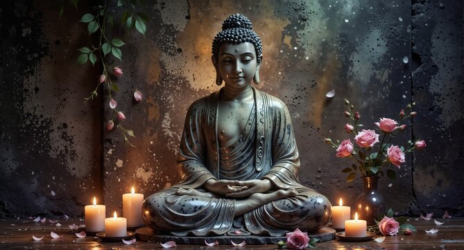 serene buddha statue with lit candles and rose petals for meditation and mindfulness concepts.
