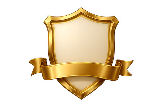 Luxurious golden shield or crest emblem with a blank ribbon banner perfect for security quality assurance or heraldry concepts isolated on transparent background
