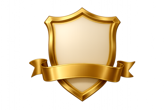 Luxurious golden shield or crest emblem with a blank ribbon banner perfect for security quality assurance or heraldry concepts isolated on transparent background