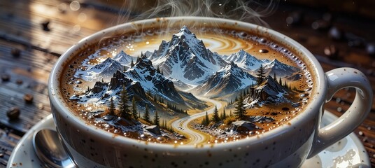 mountain landscape latte art in a cup with coffee beans, cozy morning beverage concept.
