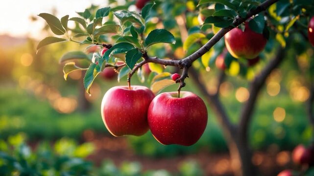 Close-up of two ripe red apples hanging on a branch with green leaves warm soft sunlight illuminating the scene in an apple orchard background filled with blurred greenery and hints of sunlight