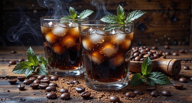 refreshing iced coffee with mint and coffee beans on rustic wood table, perfect for summer drinks and cafe advertising.