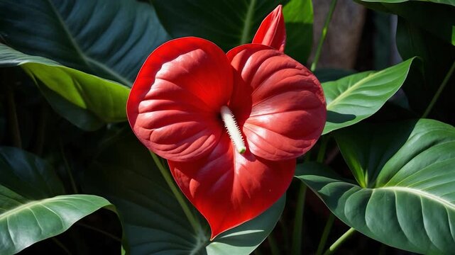 Close-up view of vibrant red anthurium flower blooming amidst lush green leaves showcasing intricate textures and natural lighting highlighting the beauty of tropical plant life in a vibrant garden