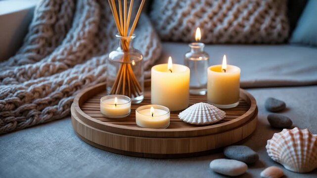 Serene arrangement of glowing candles fragrant reed diffuser and decorative seashells on a wooden tray placed on a soft gray sofa with cozy knitted throw illuminated by soft natural light