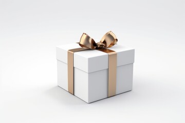 White gift box tied with a shiny gold ribbon on a white background