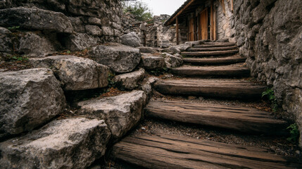 Wooden stairs rising along an old limestone pathway.