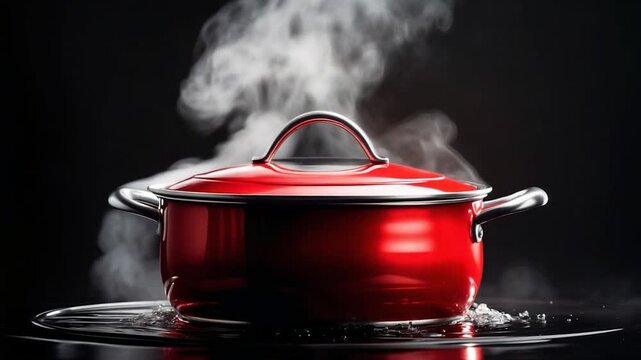 Close-up of a vibrant red cooking pot emitting steam on a glossy black surface showcasing the pot's shiny metal handles and a backdrop of swirling vapor emphasizing the boiling process in a kitchen