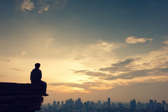 Man Sitting On Cliff Edge Overlooking City Skyline At Sunset With