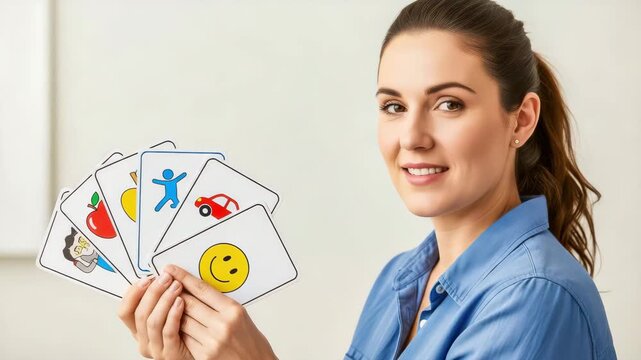 Smiling woman holding flashcards with pictures of apple, car and smiley face video generative ai