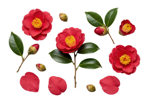 Deep crimson japanese camellia flowers, buds, and foliage in a meticulous macro flat lay composition on a transparent background, showcasing texture and detail. Concept of perfection nature and