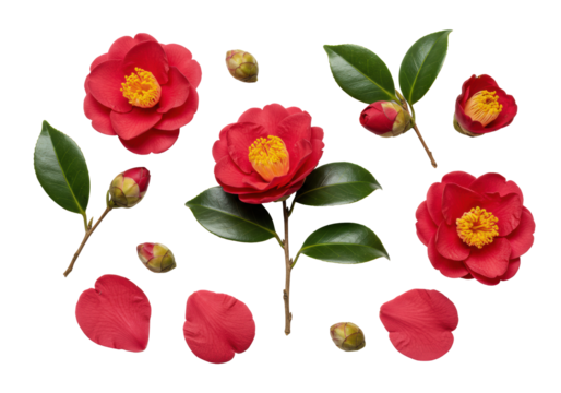 Deep crimson japanese camellia flowers, buds, and foliage in a meticulous macro flat lay composition on a transparent background, showcasing texture and detail. Concept of perfection nature and