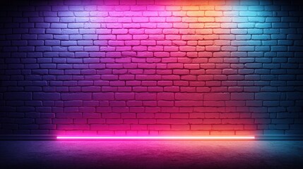 Vibrant neon lights illuminate a brick wall, creating a colorful and modern backdrop