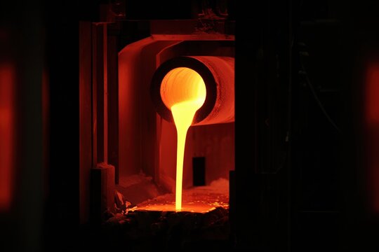 Molten Metal Pouring From Industrial Furnace Glowing Orange With - Powered by Adobe