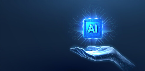 Chip with AI letters in hand. AI technology, robot core, electric line, artificial intelligence, cpu system, future tech, electronic cloud computing concept. Abstract illustration

