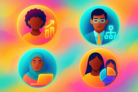 Diverse representation of digital professionals in a dynamic workspace showcasing collaboration, data analysis, growth trends, and innovative solutions for modern business success