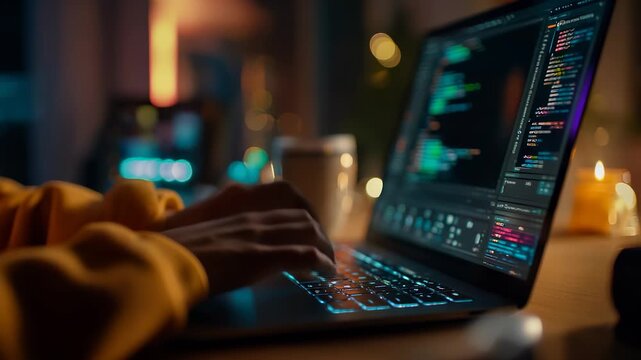 Close view of hands typing code on keyboard. Laptop screen shows colorful code. Programmer and coder work at night workspace. Focus on laptop, typing and programming. Night workspace filled with code.