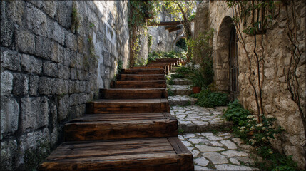 Wooden stairs rising along an old limestone pathway.