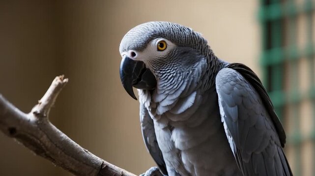 Close-up of a majestic gray parrot perched on a branch turning its head subtly in a softly lit indoor environment with neutral tones displaying intricate feather textures and vivid yellow eye accents.