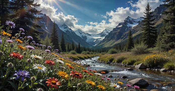 alpine meadow with colorful wildflowers and a mountain stream flowing towards snow capped peaks.