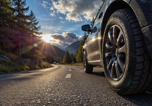 close-up of a car tire on a winding mountain road with golden sunlight and scenic landscape.
