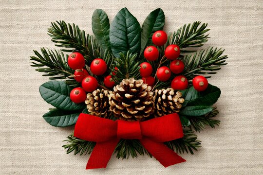 Christmas holiday decoration with pine cones and red bow - Powered by Adobe