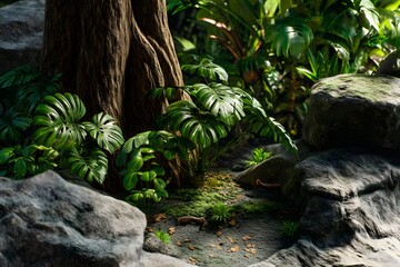 Lush foliage of monstera plants in a tropical forest scene with mossy rocks