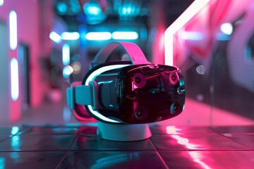 Vr headset sits on display, showcasing cutting edge virtual reality technology in a vibrant, neon lit setting