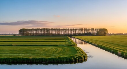 Expansive green fields alongside a calm waterway with reflections under a warm gradient sky.