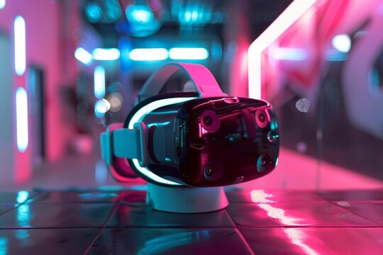 Vr headset sits on display, showcasing cutting edge virtual reality technology in a vibrant, neon lit setting