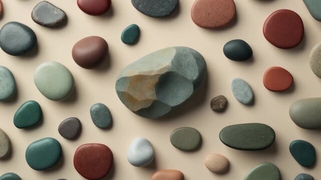 Variety of smooth colorful stones arranged on a neutral background with a prominent larger stone presenting a flat lay top-down view that highlights the textures and colors in soft natural light.