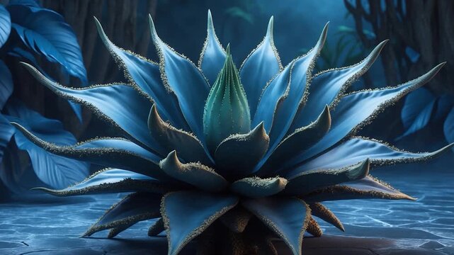 Close-up of a stunning blue agave plant featuring thick textured leaves with pointed tips displayed against a softly lit misty jungle backdrop showcasing the vibrant green heart growing in the center