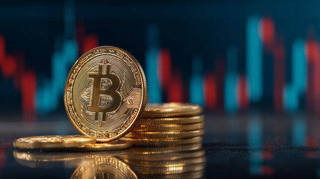 Cryptocurrency coins stacked with market analysis display