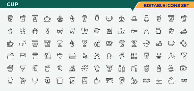 Cup line icon set. Includes thin line symbols competition, achievement, medal, success, rank, win and more. Trophy icon set. Outline icons in linear style. Vector illustration. Pixel perfect.
