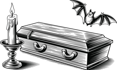 Vintage black and white horror illustration featuring coffin, flying bat and melting candle, perfect for Halloween designs, spooky artwork and gothic themes