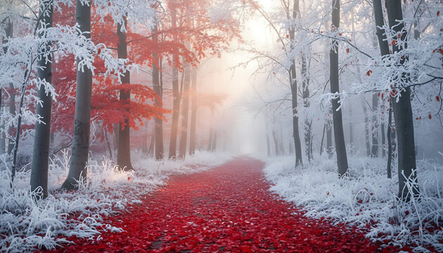 A winter forest path covered in red leaves with snow covered trees and a foggy background scene view