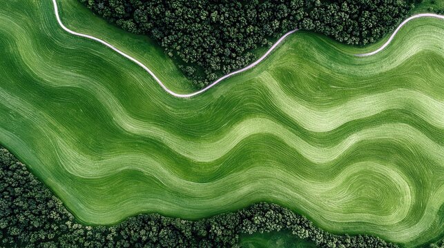 An aerial view showcases a vibrant green field with distinct wavy patterns and a winding white path, framed by dense trees on either side.