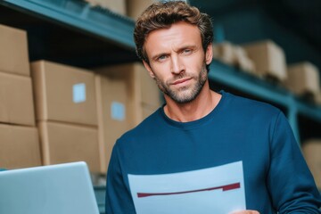A focused man examines paperwork in a warehouse, surrounded by boxes. Ideal for themes of logistics, business, and productivity.