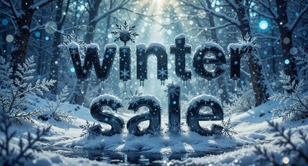 winter sale banner with snowy forest background and glowing frost effects for holiday promotions.