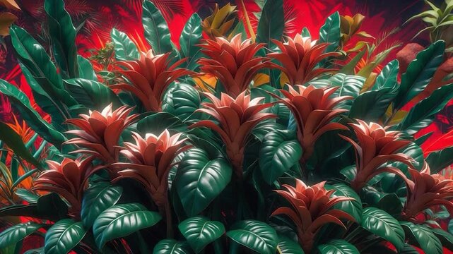 Close-up of vibrant red bromeliad flowers surrounded by lush green foliage in a richly colored tropical environment with striking warm lighting and a variety of leaves artistically arranged in a