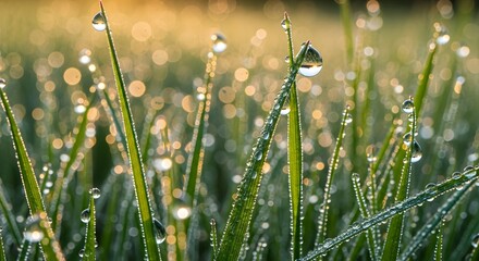 Macro view of dew drops on vibrant green grass blades with golden bokeh water droplets