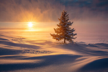Peaceful winter sunset over snow-covered terrain