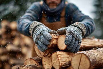 Man collecting firewood logs in winter snow