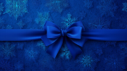Christmas blue box with ribbon on textured snowflake pattern