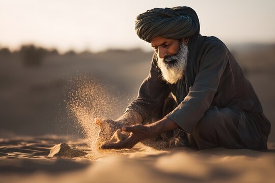 Elderly man with turban sifting sand through his hands in a desert landscape