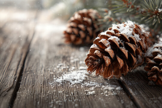Winter pinecones on rustic table festive seasonal decor