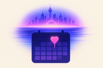 Calendar marking special day with love heart symbol set against modern skyline in vibrant pastel hues capturing connections of time and emotion