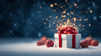 Holiday gift package with red bow in snowy night atmosphere