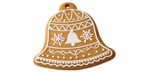 Classic bell–shaped gingerbread cookie with white icing details, isolated on transparent background. Great for festive compositions, Christmas invitations, cards, packaging designs, and seasonal digit