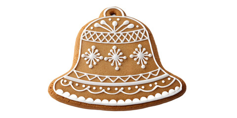 Classic bell&ndash;shaped gingerbread cookie with white icing details, isolated on transparent background. Great for festive compositions, Christmas invitations, cards, packaging designs, and seasonal digit
